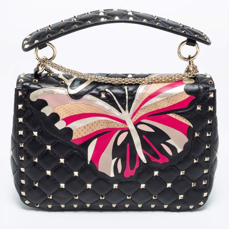 Pre Owned Valentino Black Quilted Leather Medium Butterfly Rockstud Spike Top Handle Bag
