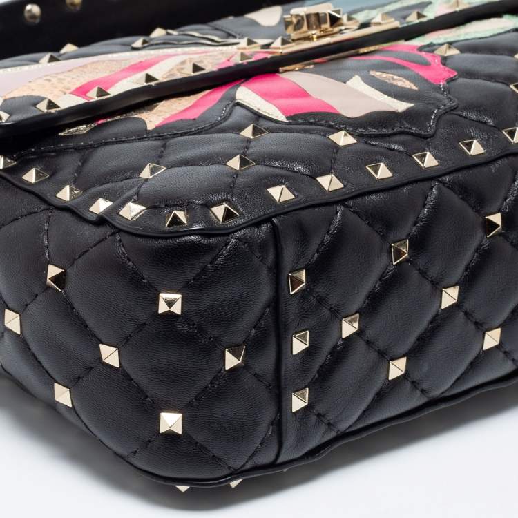 Pre Owned Valentino Black Quilted Leather Medium Butterfly Rockstud Spike Top Handle Bag