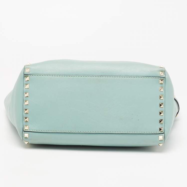 Pre Owned Valentino Mint Green Leather Small Rockstud Trapeze Tote