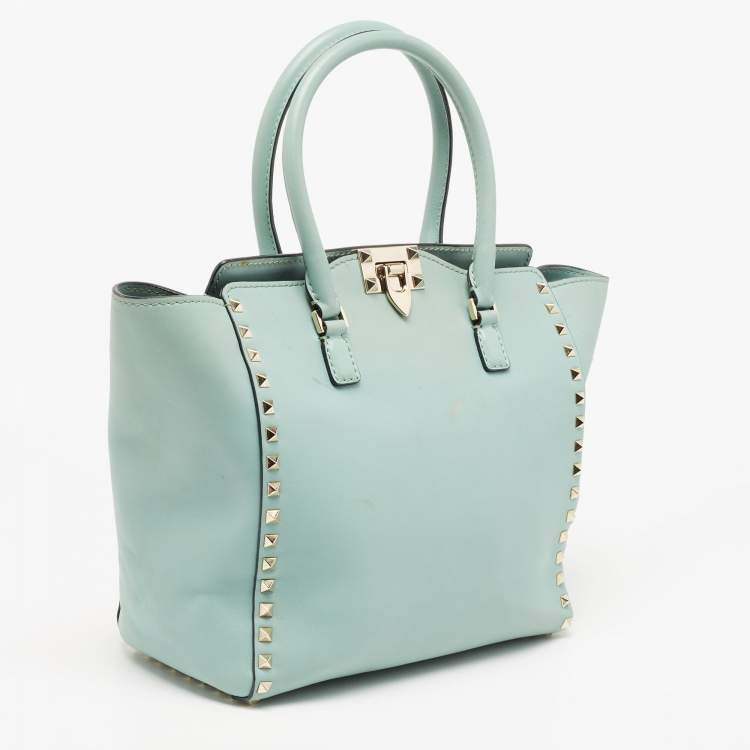 Pre Owned Valentino Mint Green Leather Small Rockstud Trapeze Tote