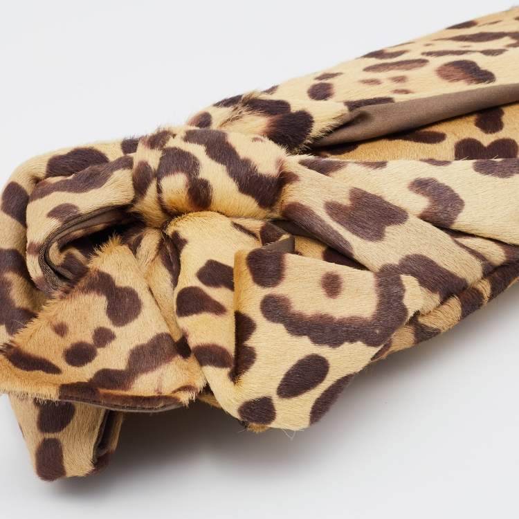 Pre Owned Valentino Beige Leopard Print Calf Hair Bow Clutch