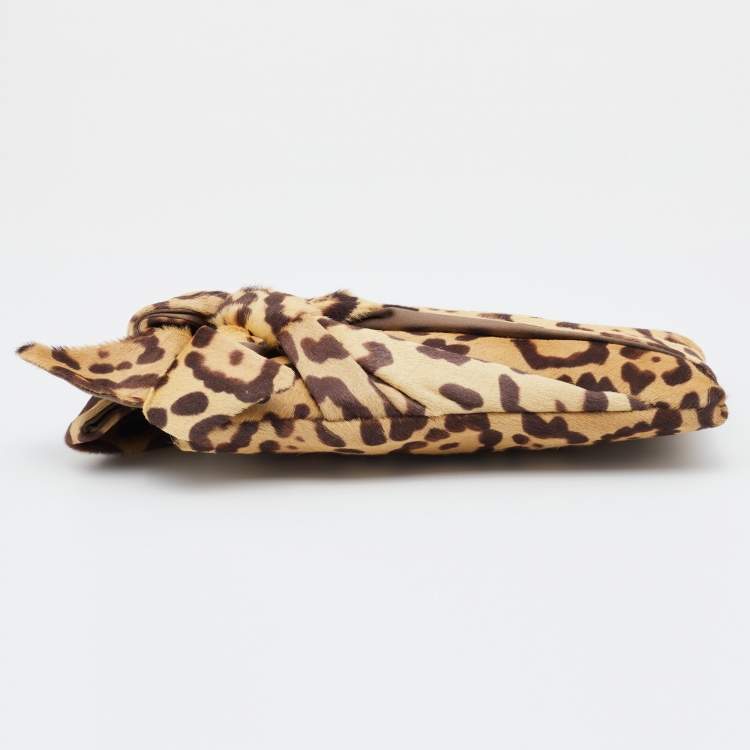 Pre Owned Valentino Beige Leopard Print Calf Hair Bow Clutch