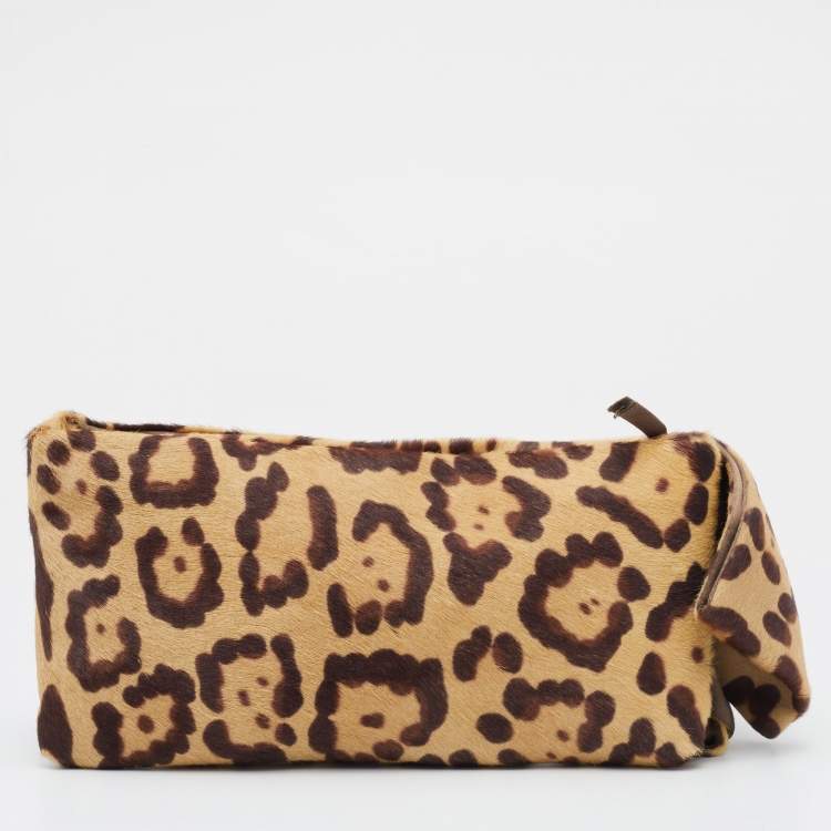 Pre Owned Valentino Beige Leopard Print Calf Hair Bow Clutch