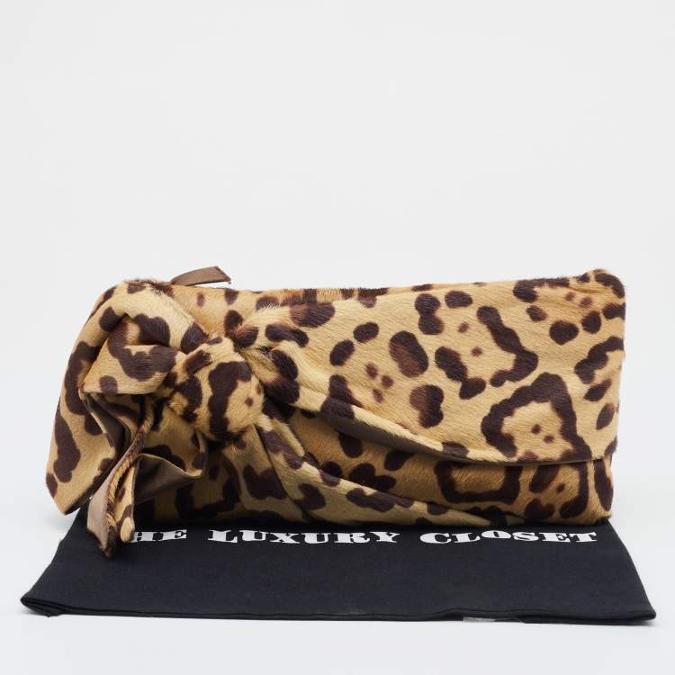 Pre Owned Valentino Beige Leopard Print Calf Hair Bow Clutch
