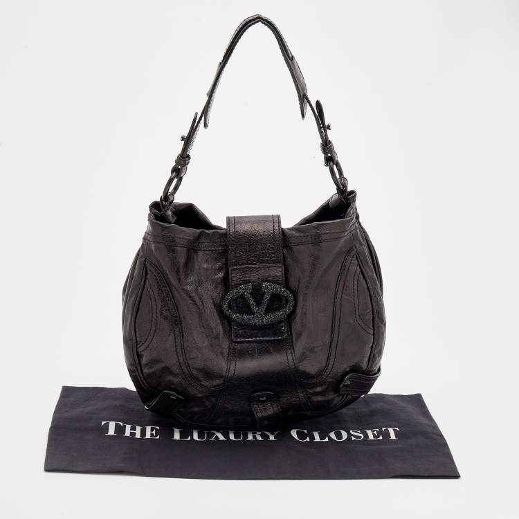 Pre Owned Valentino Dark Brown Leather Crystal Embellished Catch Hobo