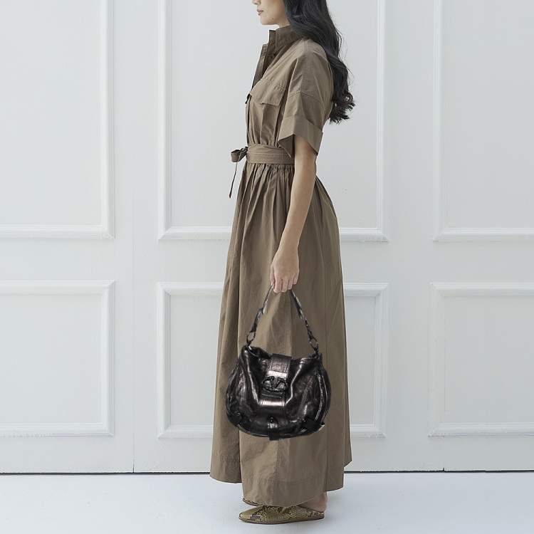 Pre Owned Valentino Dark Brown Leather Crystal Embellished Catch Hobo