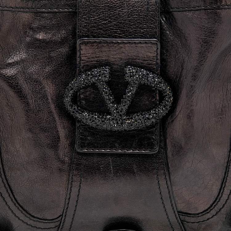 Pre Owned Valentino Dark Brown Leather Crystal Embellished Catch Hobo