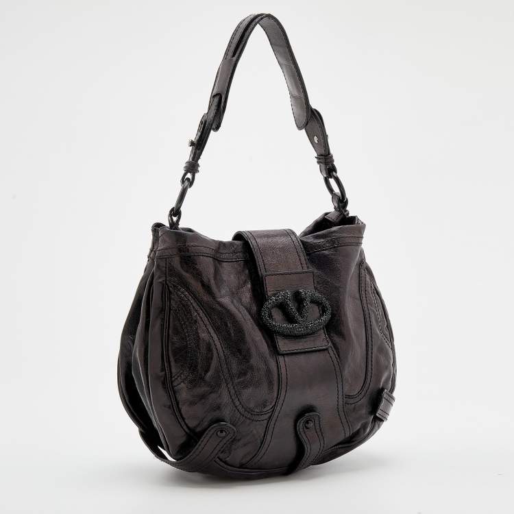 Pre Owned Valentino Dark Brown Leather Crystal Embellished Catch Hobo