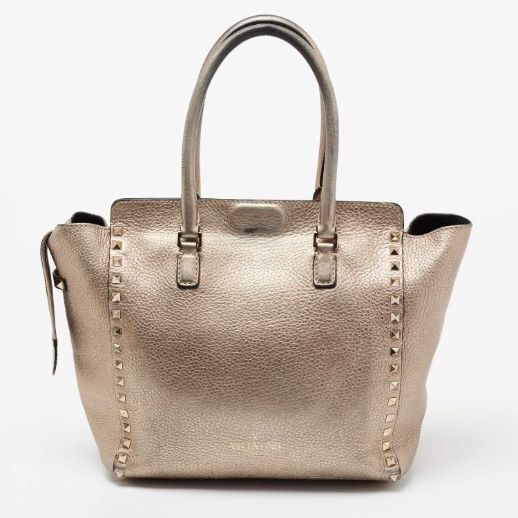 Pre Owned Valentino Metallic Grey Leather Rockstud Trapeze Tote