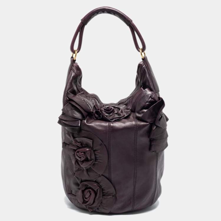 Pre Owned Valentino Plum Leather Floral Applique Hobo