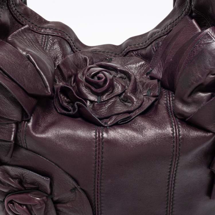 Pre Owned Valentino Plum Leather Floral Applique Hobo