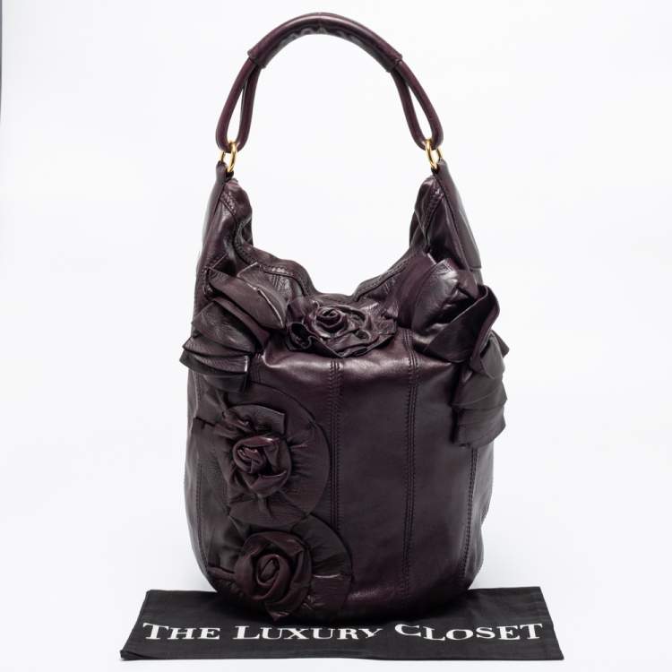 Pre Owned Valentino Plum Leather Floral Applique Hobo