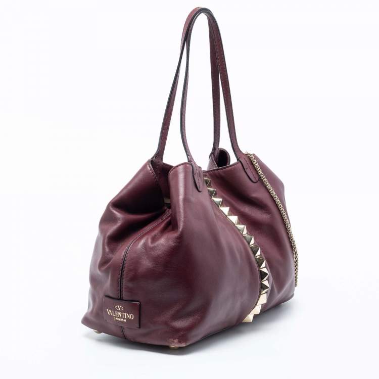 Pre Owned Valentino Burgundy Leather Rockstud Va Va Voom Tote 