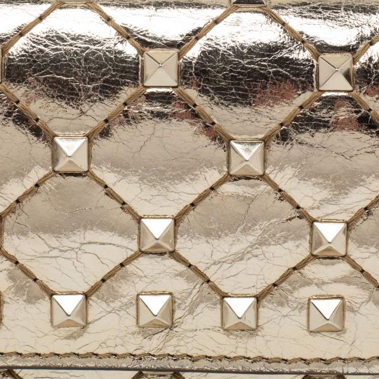 Pre Owned Valentino Gold Patent Leather Rockstud Spike Compact Wallet