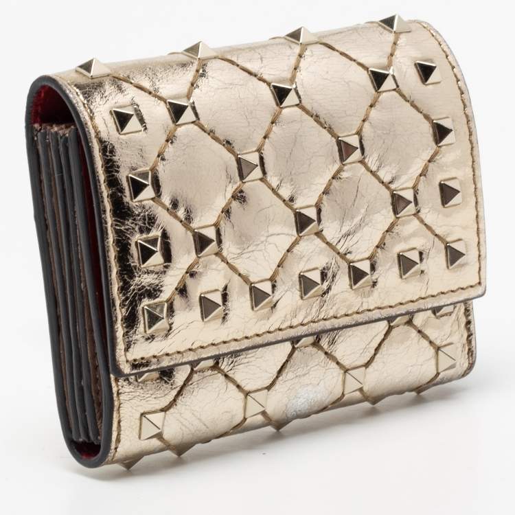 Pre Owned Valentino Gold Patent Leather Rockstud Spike Compact Wallet