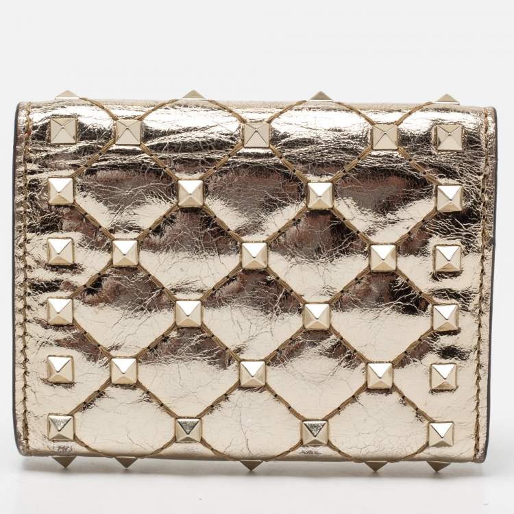 Pre Owned Valentino Gold Patent Leather Rockstud Spike Compact Wallet