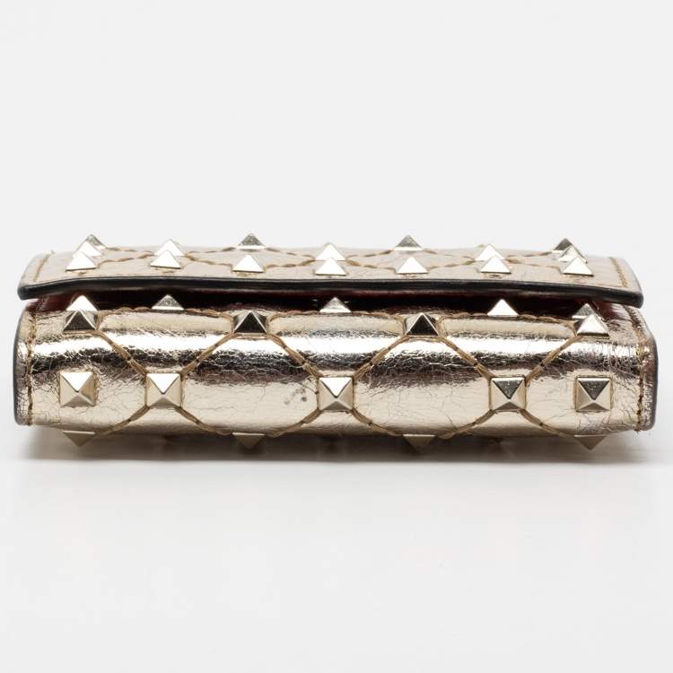 Pre Owned Valentino Gold Patent Leather Rockstud Spike Compact Wallet