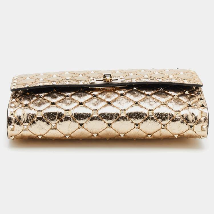Pre Owned Valentino Metallic Gold Quilted Leather Rockstud Spike Wallet On Chain