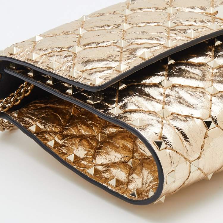 Pre Owned Valentino Metallic Gold Quilted Leather Rockstud Spike Wallet On Chain