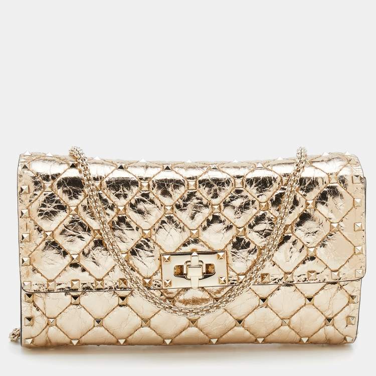 Pre Owned Valentino Metallic Gold Quilted Leather Rockstud Spike Wallet On Chain