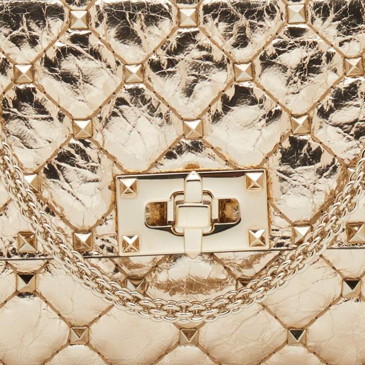 Pre Owned Valentino Metallic Gold Quilted Leather Rockstud Spike Wallet On Chain
