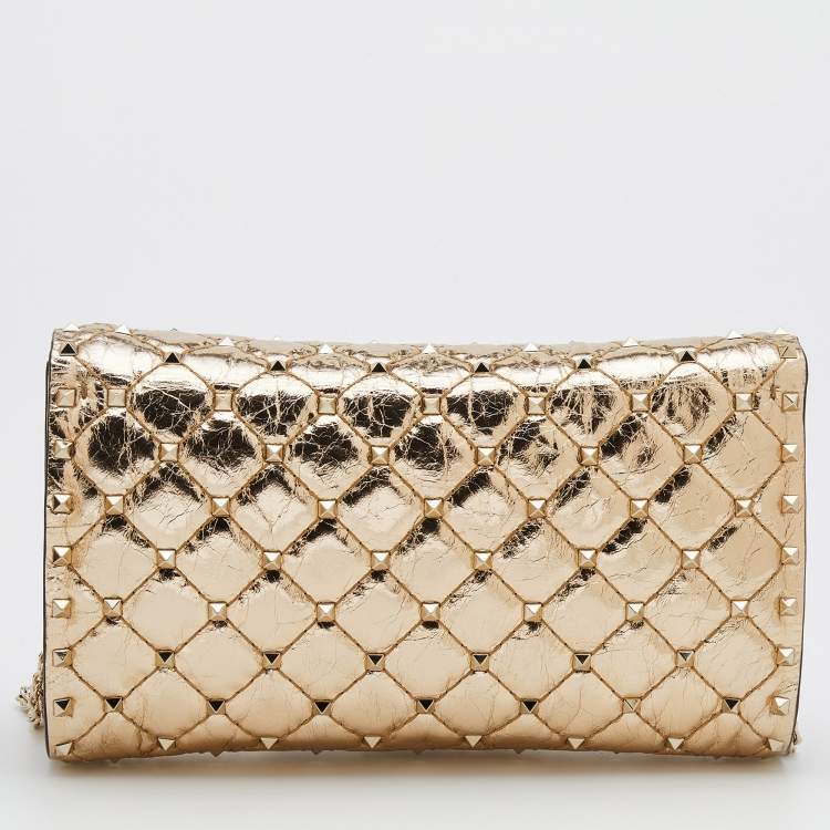 Pre Owned Valentino Metallic Gold Quilted Leather Rockstud Spike Wallet On Chain