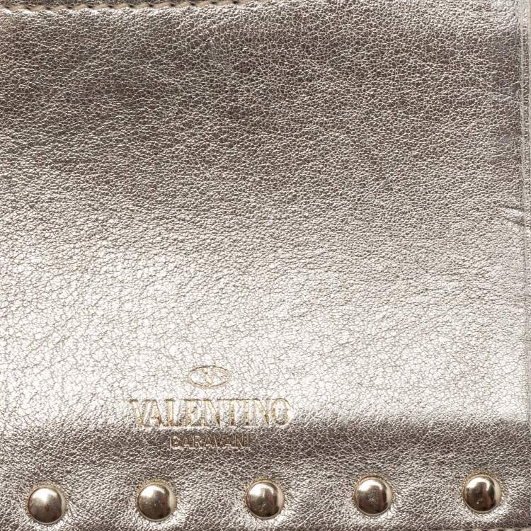 Pre Owned Valentino Light Gold Leather Rockstud Zip Card Holder 