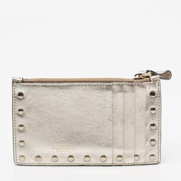 Pre Owned Valentino Light Gold Leather Rockstud Zip Card Holder 