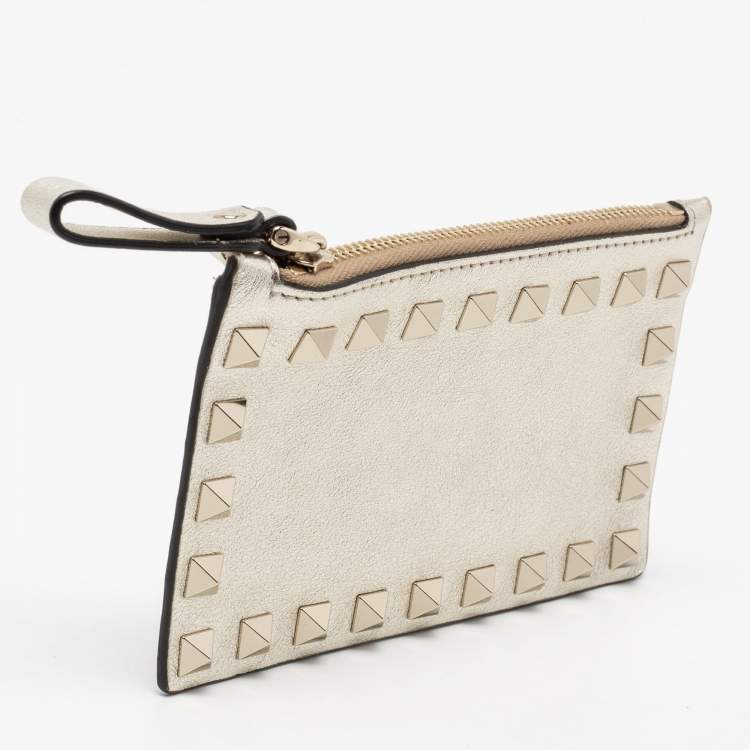 Pre Owned Valentino Light Gold Leather Rockstud Zip Card Holder 