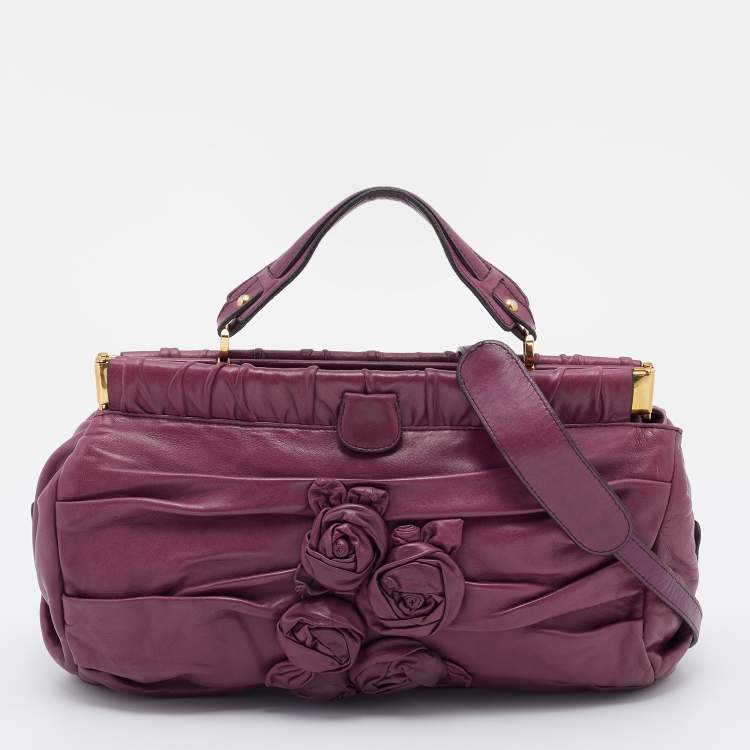 Pre Owned Valentino Purple Leather Rose Frame Top Handle Bag