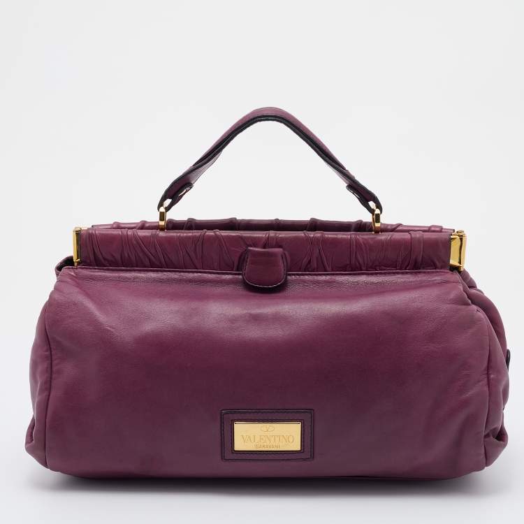 Pre Owned Valentino Purple Leather Rose Frame Top Handle Bag