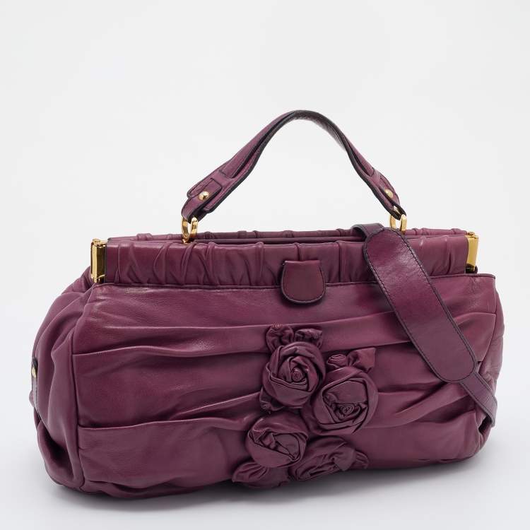 Pre Owned Valentino Purple Leather Rose Frame Top Handle Bag