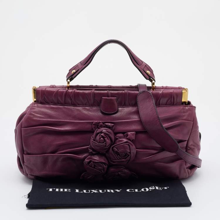 Pre Owned Valentino Purple Leather Rose Frame Top Handle Bag