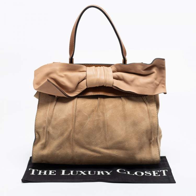 مملوكة مسبقًا Valentino Beige/Brown Suede and Leather Aphrodite Bow Top Handle Bag
