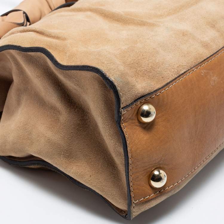مملوكة مسبقًا Valentino Beige/Brown Suede and Leather Aphrodite Bow Top Handle Bag