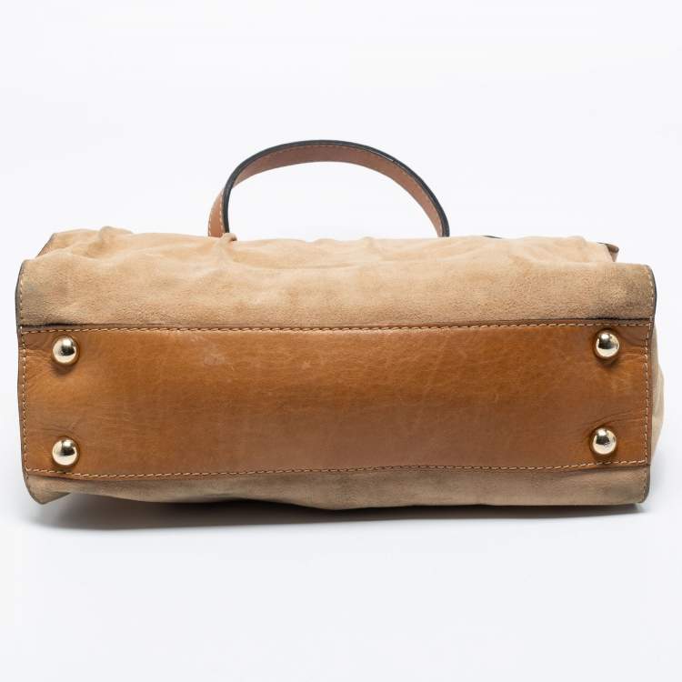 مملوكة مسبقًا Valentino Beige/Brown Suede and Leather Aphrodite Bow Top Handle Bag