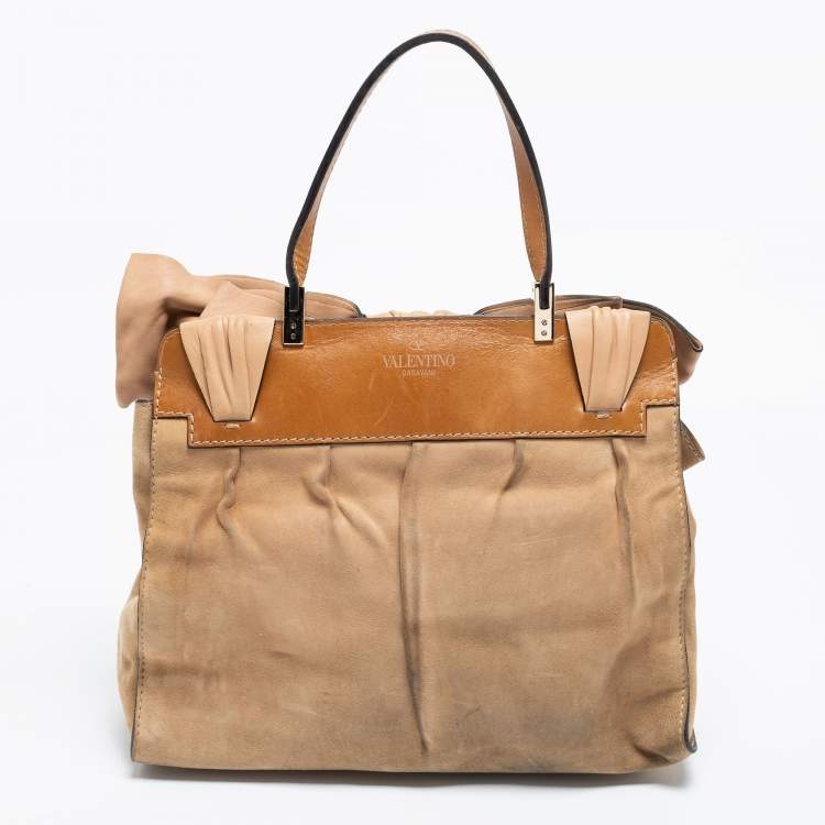 مملوكة مسبقًا Valentino Beige/Brown Suede and Leather Aphrodite Bow Top Handle Bag
