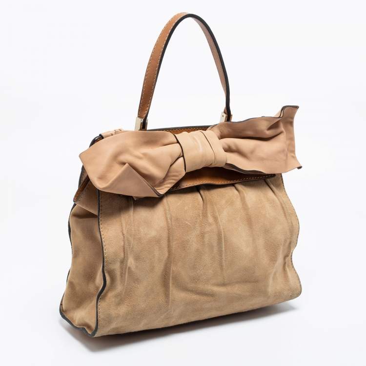 مملوكة مسبقًا Valentino Beige/Brown Suede and Leather Aphrodite Bow Top Handle Bag