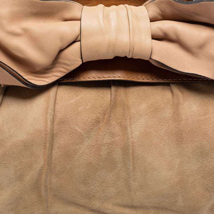 مملوكة مسبقًا Valentino Beige/Brown Suede and Leather Aphrodite Bow Top Handle Bag