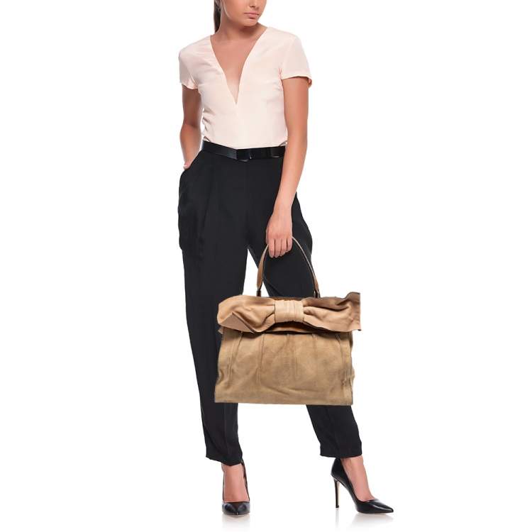 مملوكة مسبقًا Valentino Beige/Brown Suede and Leather Aphrodite Bow Top Handle Bag