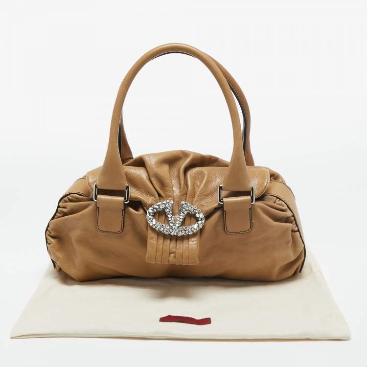 Pre Owned Valentino Brown Leather Studded V Ring Shoulder Bag