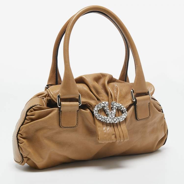 Pre Owned Valentino Brown Leather Studded V Ring Shoulder Bag