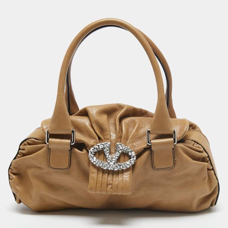 Pre Owned Valentino Brown Leather Studded V Ring Shoulder Bag