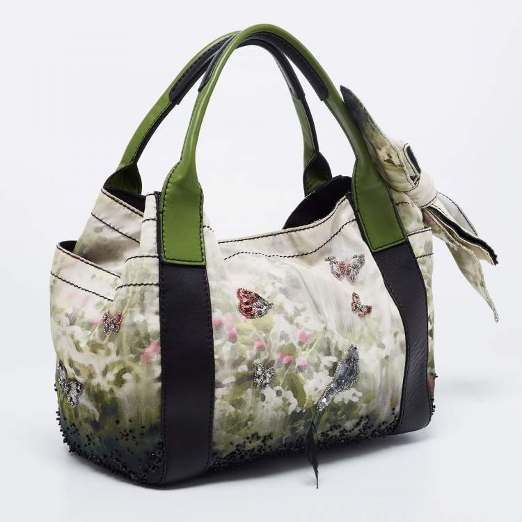 Pre Owned Valentino Multicolor Printed Nylon And Leather Double Pocket Bow Tote