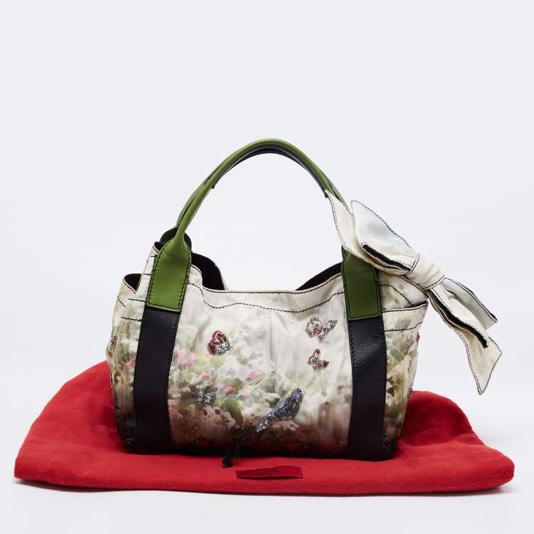 Pre Owned Valentino Multicolor Printed Nylon And Leather Double Pocket Bow Tote