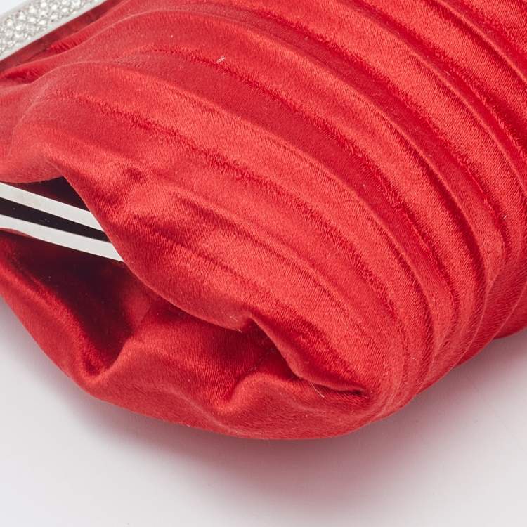 Pre Owned Valentino Red Satin Crystal and Pearl Embellished Frame Chain Clutch