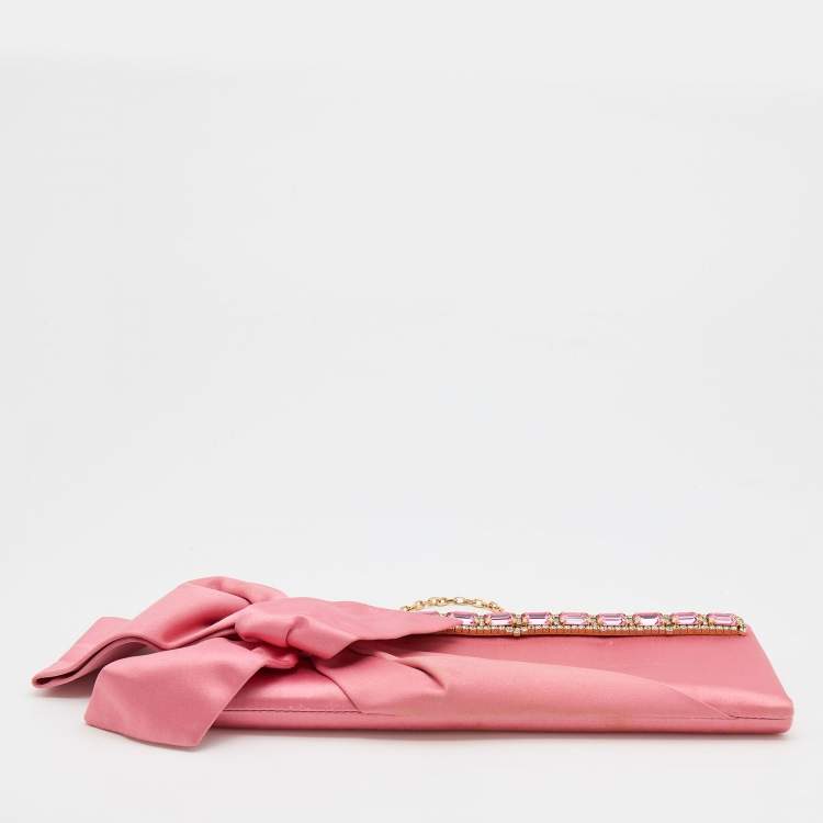 Pre Owned Valentino Pink Satchel Stone Embellisehd Bow Frame Chain Clutch