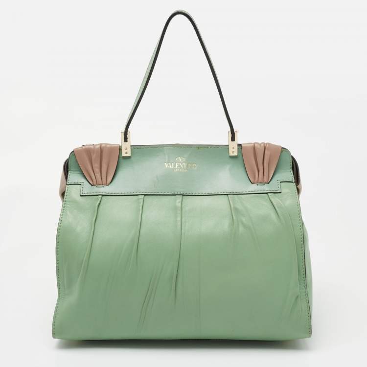 Pre Owned Valentino Green/Dusty Pink Leather Aphrodite Bow Top Handle Bag