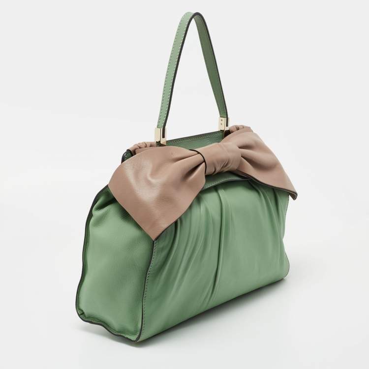 Pre Owned Valentino Green/Dusty Pink Leather Aphrodite Bow Top Handle Bag