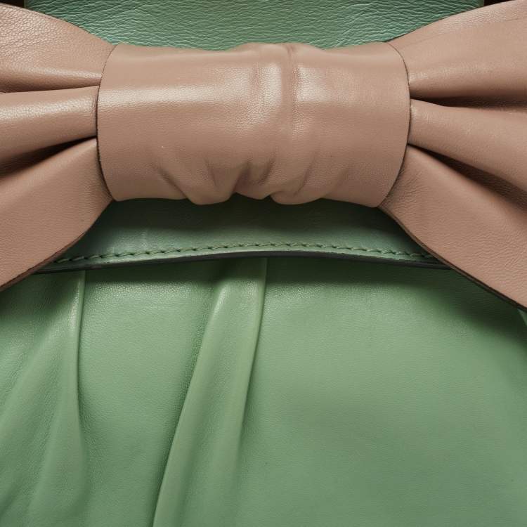 Pre Owned Valentino Green/Dusty Pink Leather Aphrodite Bow Top Handle Bag